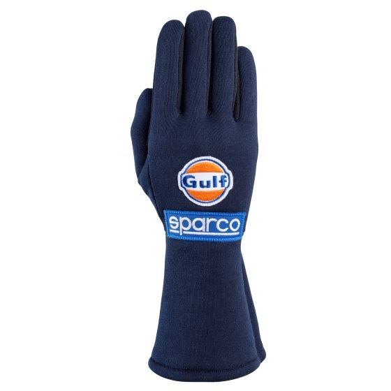 Navy blue Sparco Gulf Land Race Gloves in size M, featuring a logo patch with "Gulf" and "Sparco" branding, designed for racing with a snug fit and soft material.