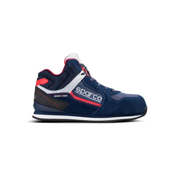 Sparco Gymkhana S3 ESD SRC high-top safety shoes in navy blue and red, featuring a durable upper, padded collar, and a reinforced toe, size UK 10.5/EUR 45.