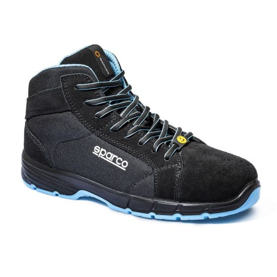 Black and blue Sparco Horizon-H Fargo S3S ESD safety shoes, featuring a high-top design, durable suede and mesh materials, and a cushioned sole, size UK 11 / Eur 46.