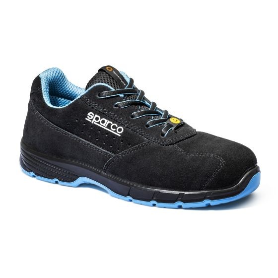 Black and blue Sparco Horizon Moreno S1PS ESD safety shoes, featuring a suede upper, padded collar, and contrasting laces, size UK 13 / Eur 48.