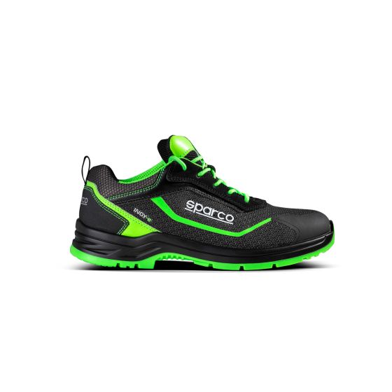 Black and green Sparco Indy-E S3 ESD safety shoes, featuring a breathable mesh upper, cushioned sole, and reinforced toe, size UK 11 / EUR 46.