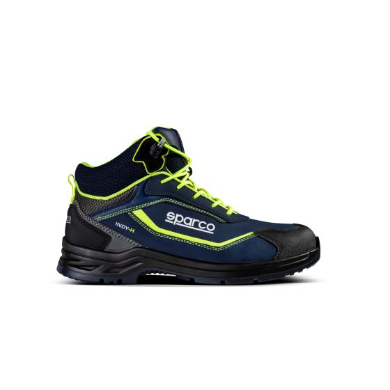 Blue and yellow high-top safety shoes with a breathable mesh upper, reinforced toe cap, and ESD protection, featuring a padded collar and secure lace-up design, size UK 7 / EUR 41.