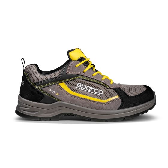 Brown and yellow Sparco Indy-R S1P ESD safety shoes in size UK 8 / EUR 42, featuring a breathable mesh upper, reinforced toe, and cushioned sole for comfort and protection.