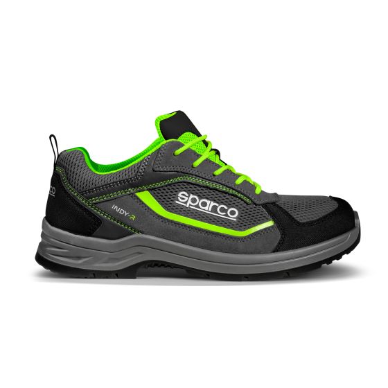 Green and grey Sparco Indy-R S1P ESD safety shoes, size UK 9/Eur 43, featuring a breathable mesh upper, padded collar, and a durable rubber sole.