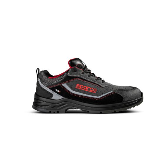 Sparco Indy S1P ESD safety shoes in black and dark grey with red accents, featuring a breathable mesh upper, reinforced toe, and cushioned sole, size UK 7 / EUR 41.
