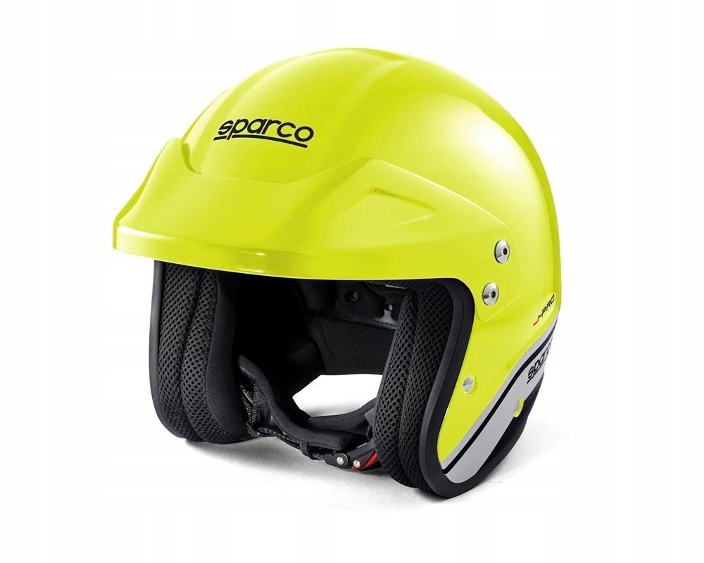 Bright yellow fluo open-face helmet by Sparco, model J Pro, featuring ECE R22-06 homologation, with a sleek design and ventilation openings for comfort.