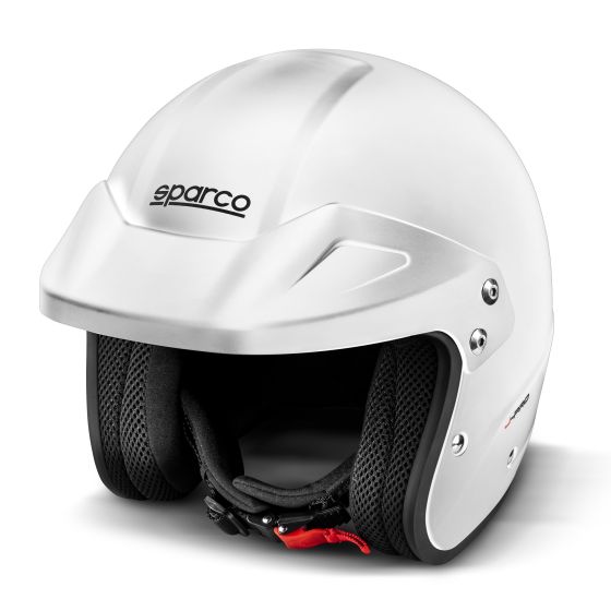 White Sparco J-Pro helmet in size L, featuring a sleek design, matte finish, ventilation openings, and a padded interior for comfort and safety.