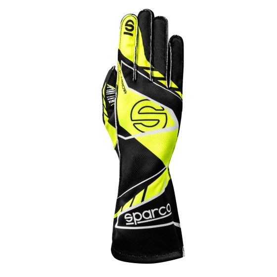 Black and fluro yellow Sparco K-Arrow + Kart Gloves in size XXS, featuring a sleek design with a prominent logo and dynamic geometric patterns for enhanced grip and style.