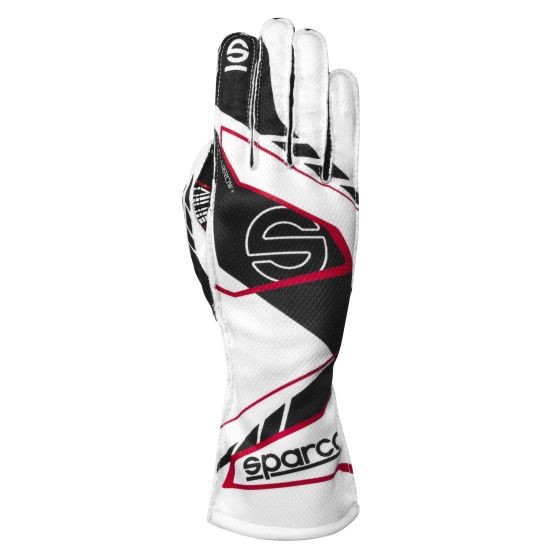White and black Sparco K-Arrow + Kart gloves, featuring a sleek design with red accents, made from a breathable material, and designed for a snug fit in size XXXXS.