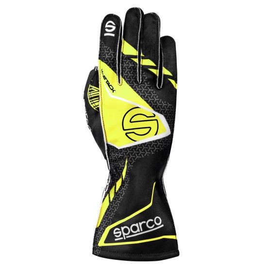 Black kart gloves with fluro yellow accents, featuring a textured grip, Sparco logo, and a snug fit, designed for enhanced performance in kart racing, size XXL.
