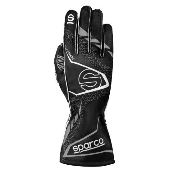 Black and grey Sparco K-Attack kart gloves in size XXL, featuring a sleek design with star patterns and a prominent Sparco logo on the wrist.