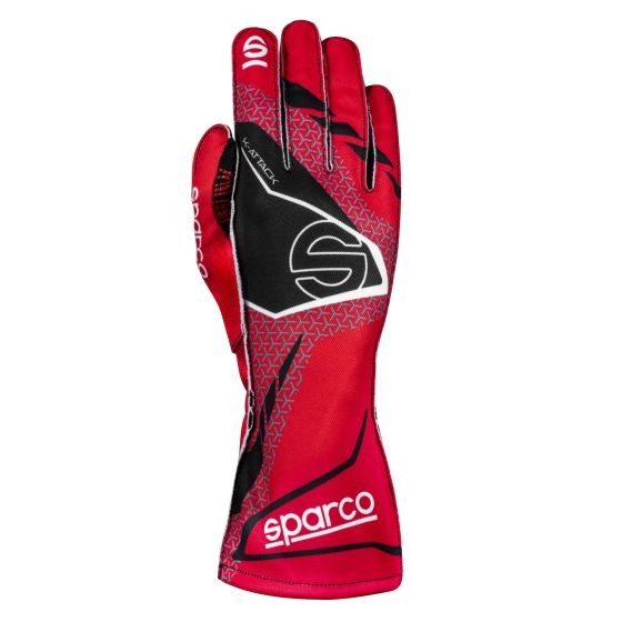 Red and black Sparco K-Attack kart gloves featuring a sleek design, reinforced grip areas, and a snug fit, sized XXXXS for optimal performance.