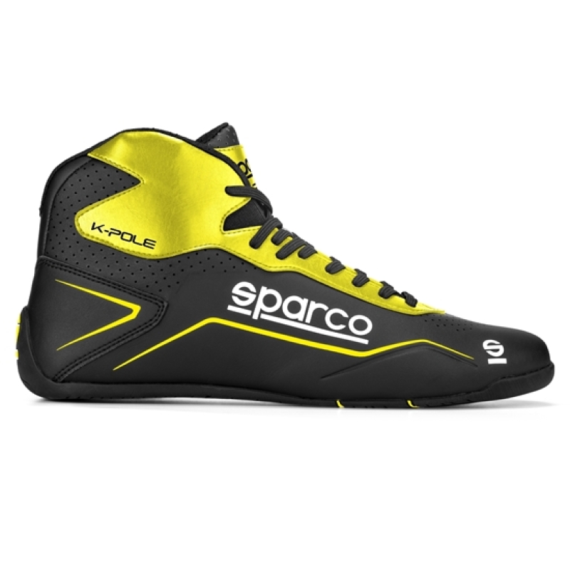 Sparco K-Pole kart boots in black and fluro yellow, featuring a sleek design, padded collar, and prominent Sparco logo on the side, size UK 1 / EUR 32.