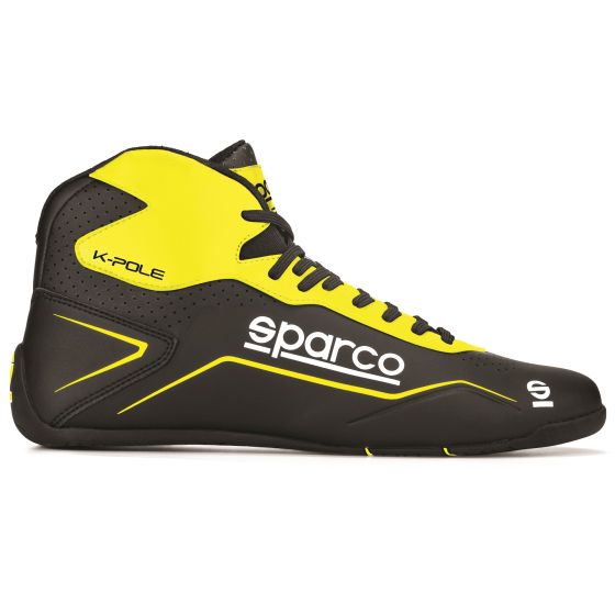 Black and fluro yellow Sparco K-Pole kart boots, featuring a high-top design, lace-up front, and perforated material for breathability, size UK 2.5 / EUR 35.