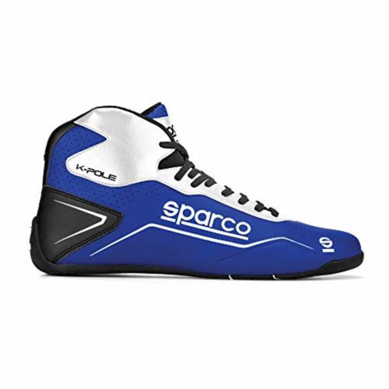 Blue and white Sparco K-Pole kart boots featuring a high-top design, sleek lines, and prominent branding, available in size UK 2 / EUR 34.