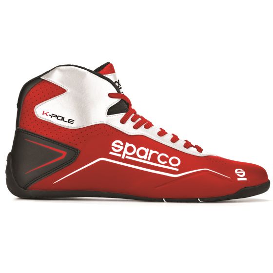 Red and white Sparco K-Pole kart boots featuring a sleek design, high-top style, and prominent branding, made from durable materials, size UK 2 / EUR 34.
