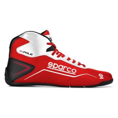 Red and white Sparco K-Pole kart boots in UK size 13/Eur 48, featuring a high-top design, black accents, and a rubber sole for enhanced grip and support.