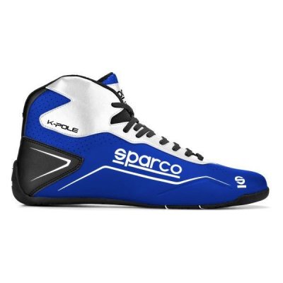 Blue and white Sparco K-Pole kart boots featuring a high-top design, sleek black accents, and prominent white branding along the side.