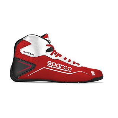 Red and white Sparco K-Pole kart boots with a high-top design, featuring a black sole and prominent Sparco logo on the side, sized UK 3.5 / EUR 36.