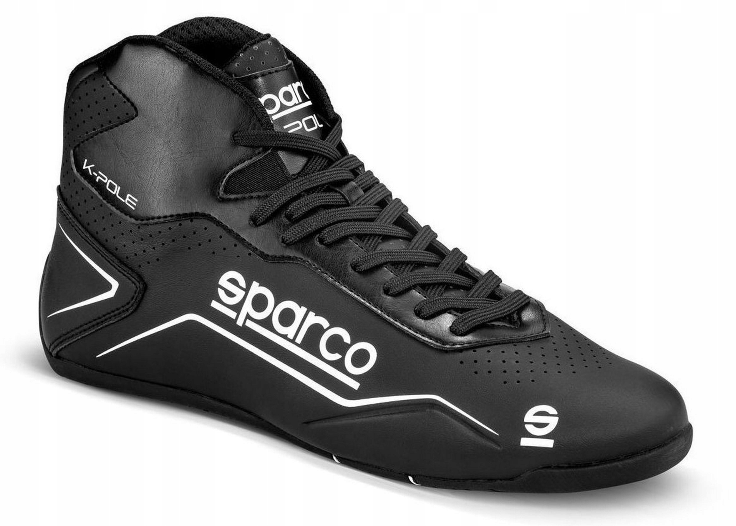 Black Sparco K-Pole 2020 kart shoes, size 44, featuring a sleek design with perforated material, white logo and accents, and a high-top silhouette for support.
