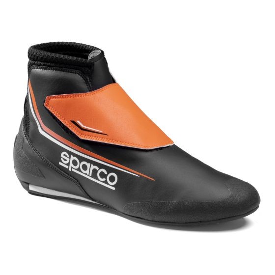 Black kart boots with fluro orange accents, featuring a sleek design, high ankle support, and a prominent Sparco logo on the side, size UK 7 / EUR 41.