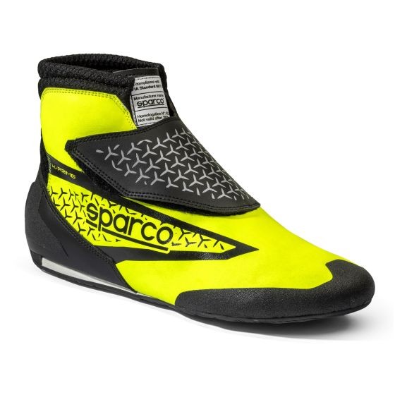 Sparco K-Prime kart boots in fluro yellow and black, featuring a sleek design, textured black panel, and a snug ankle fit, size UK 2.5 / EUR 35.