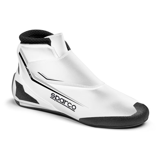 Sparco K-Prime kart boots in white and black, featuring a sleek design, a zip closure, and a textured sole, available in UK size 10.5 / EUR 45.