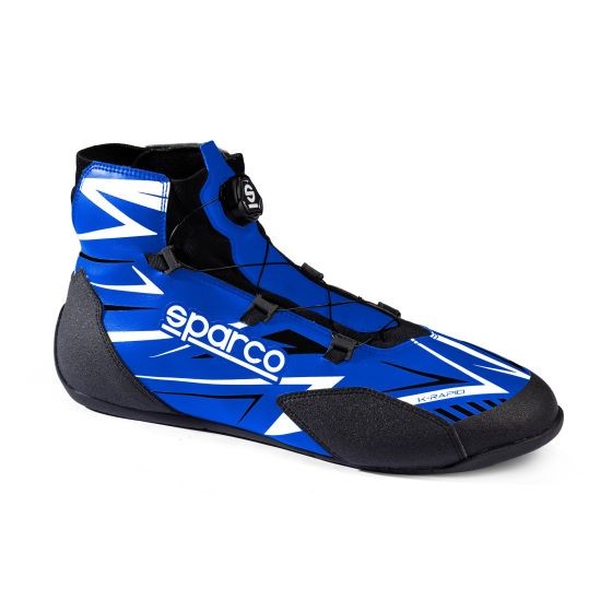 Blue and white Sparco K-Rapid kart boots featuring a rotor closure system, with a sleek design and reinforced toe area, sized UK 7 / EUR 41.