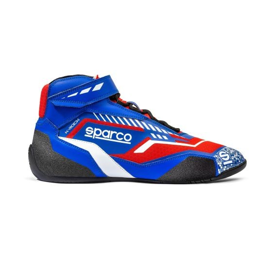 Sparco K-Rock kart boots in blue and red, featuring a sleek design, Velcro strap, and a textured sole, available in UK size 4 / EUR 37.