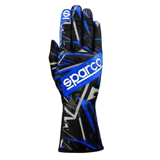 Black and blue Sparco K-Rookie kart gloves in size M, featuring a sleek design with the Sparco logo prominently displayed and a textured grip for enhanced performance.