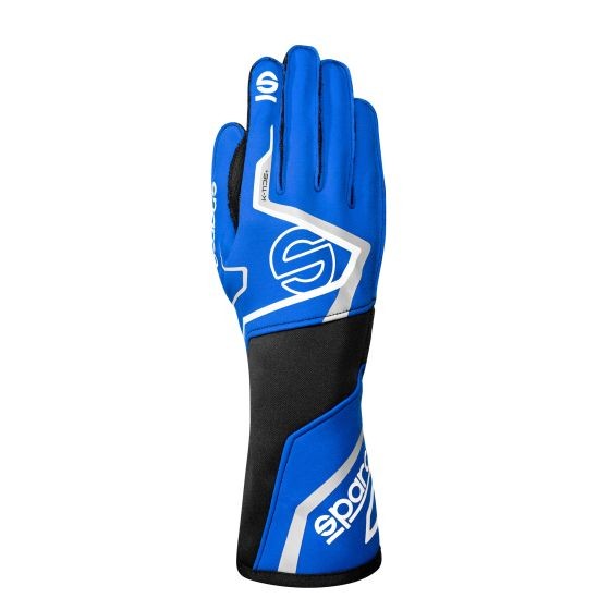 Blue and white Sparco K-Tide + Kart gloves in size S, featuring a sleek design with reinforced grip areas and a comfortable fit for karting enthusiasts.