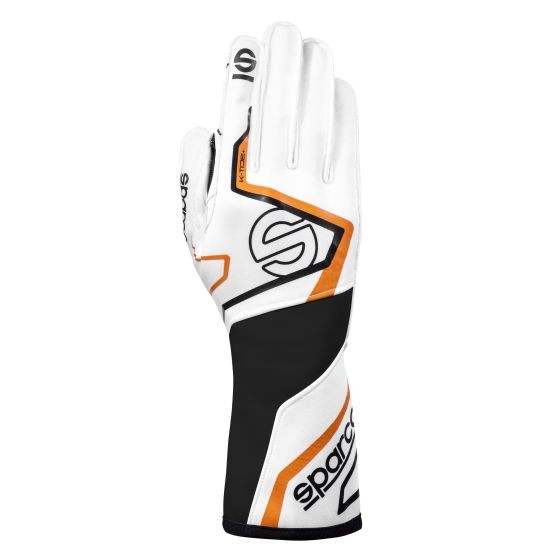 Sparco K-Tide kart gloves in white, orange, and black, featuring a sleek design, reinforced palm, and long cuff for enhanced grip and protection, size XS.