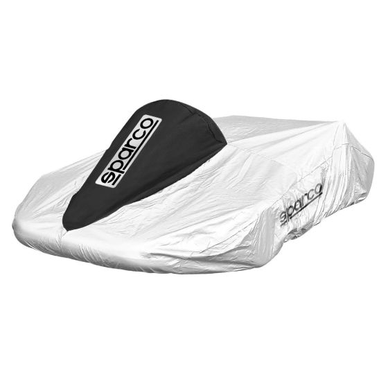 Silver and black Sparco kart cover featuring a sleek design, with a prominent black hood and logo, made from durable material for protection against the elements.