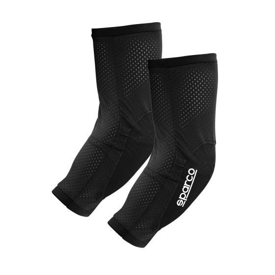 Black Sparco Kart Elbow Pads featuring breathable mesh material, ergonomic design, and a prominent white Sparco logo for enhanced comfort and protection during karting.