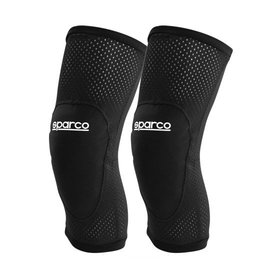 Black Sparco Kart Knee Pads made of breathable mesh material, featuring a padded area for protection and the Sparco logo prominently displayed on the front.