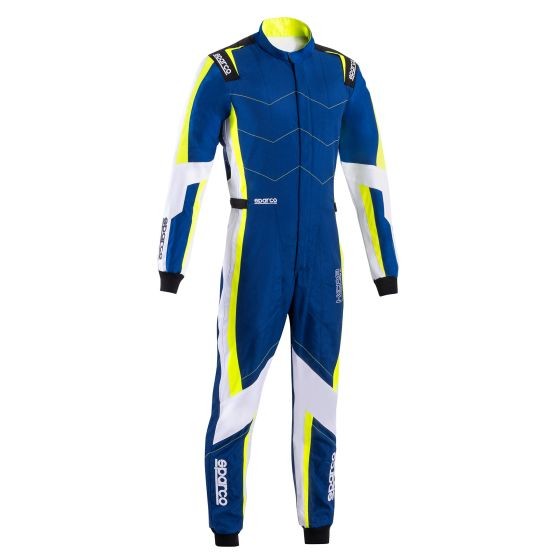 Sparco Kerb Advanced Kart Suit in blue and fluro yellow, featuring a sleek design with white accents, made from lightweight material, size 140cm.