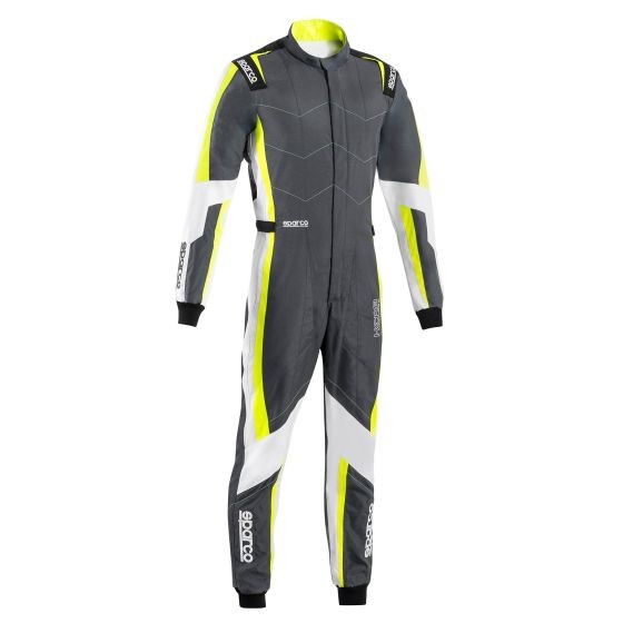 Grey and fluro yellow Sparco Kerb Advanced Kart Suit, featuring a sleek design with angular patterns, made from durable material, size 150cm, ideal for kart racing.
