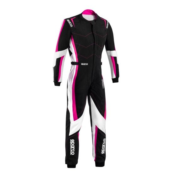 Sparco Kerb Advanced Lady Kart Suit in black with pink and white accents, featuring a sleek design, zip closure, and tailored fit for enhanced performance.