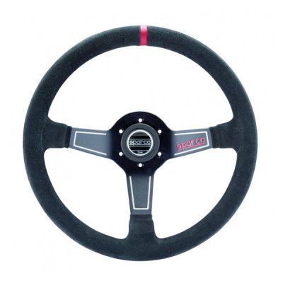 Black suede steering wheel with a three-spoke design, featuring a central Sparco logo and a pink accent stripe for a sporty look.