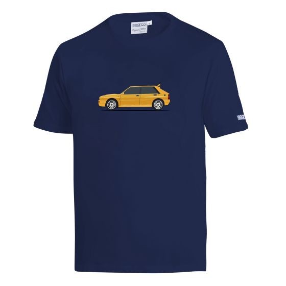 Navy blue cotton T-shirt featuring a yellow silhouette of the Lancia HF Delta Integrale on the front, with a crew neck and short sleeves, size XXL.