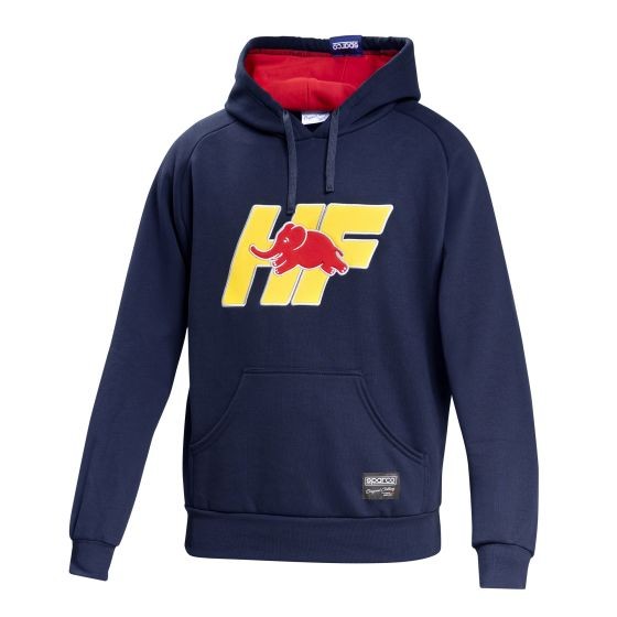 Navy blue hoodie with a red interior, featuring a large yellow "HF" logo and a red elephant graphic on the front, and a front kangaroo pocket. Size: L.