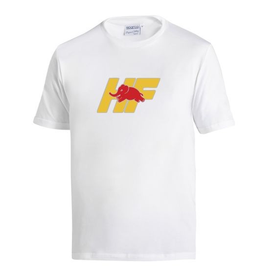 White cotton t-shirt featuring a bold yellow "HF" logo and a red elephant graphic, designed by Sparco, available in size XL.