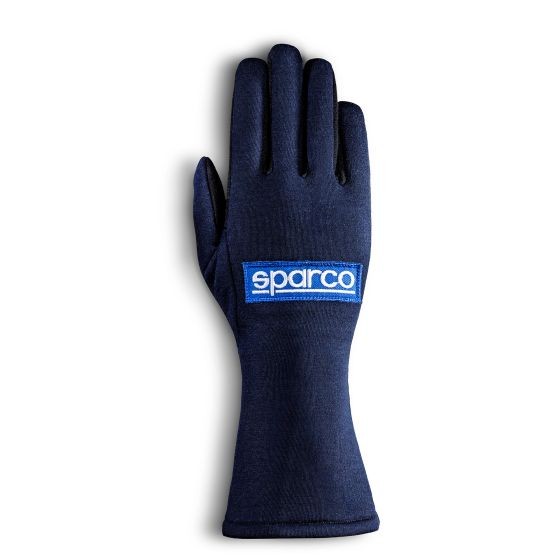 Navy blue Sparco Land Classic race glove in size L, featuring a soft fabric material and a prominent blue Sparco logo on the wrist area.