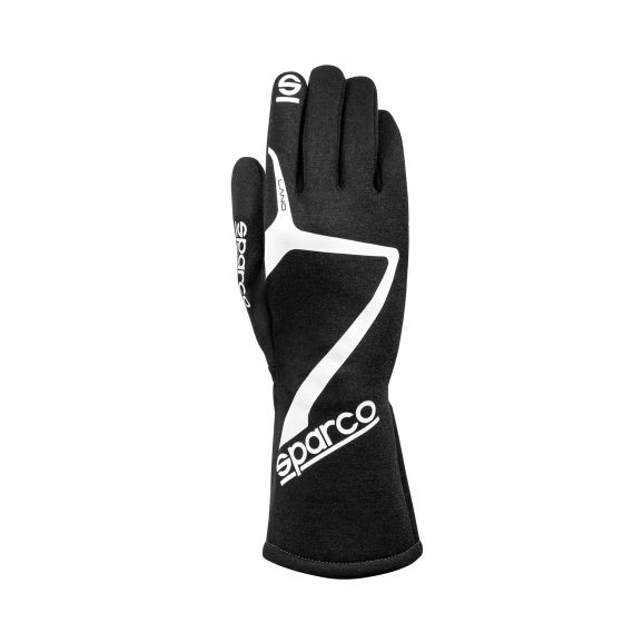 Black Sparco Land Race glove in size XS, featuring a sleek design with white accents and a long cuff for added protection and grip.