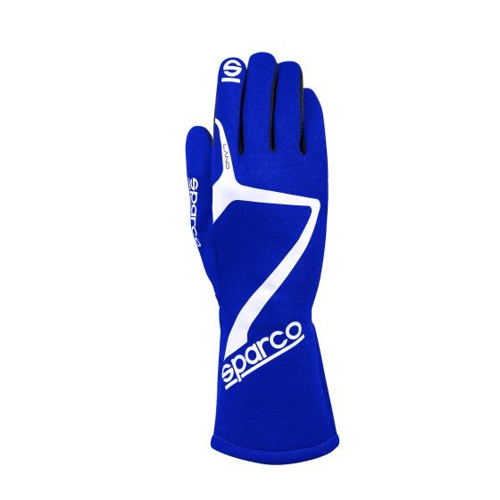 Blue Sparco Land Race Gloves in size XL, featuring a sleek design with white accents and a prominent logo, made from a durable, flexible material suitable for racing.