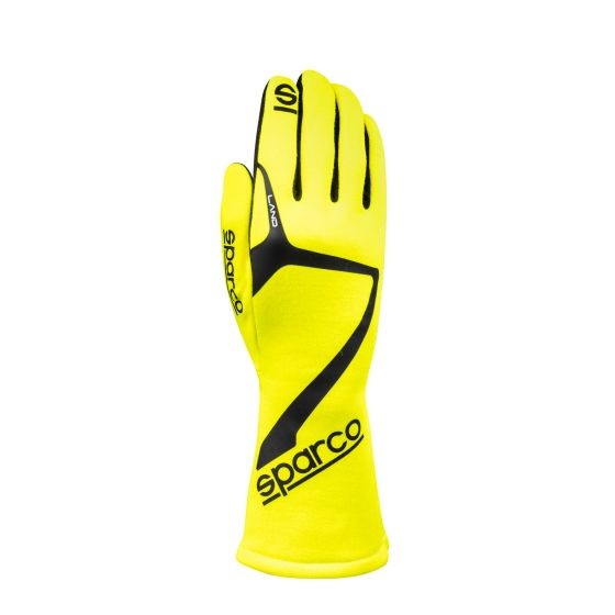 Fluro yellow Sparco Land Race Gloves in size XL, featuring a sleek design with black accents and a snug fit for racing performance.