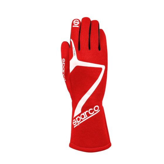 Red Sparco Land Race Gloves in size S, featuring a sleek design with white accents and a snug fit, made from durable material ideal for racing.