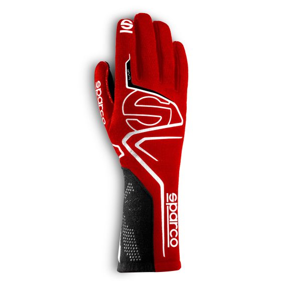 Red and black Sparco Lap Race Gloves in size M, featuring a sleek design, soft fabric, and reinforced grip areas for enhanced performance in racing.