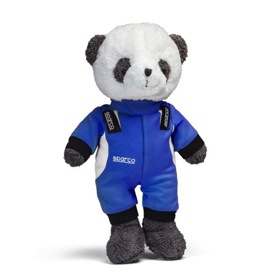 Plush panda bear toy with a white and black face, wearing a blue racing suit with black accents and Sparco branding, featuring soft fur and a friendly expression.