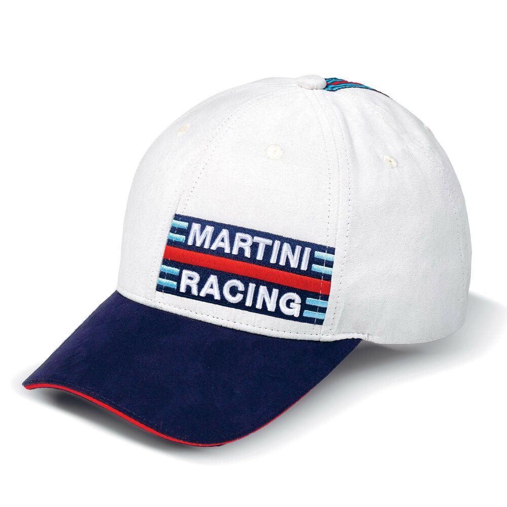 White baseball cap with a navy blue brim, featuring embroidered "MARTINI RACING" text in blue and red stripes on the front. Made of cotton with a sporty design.